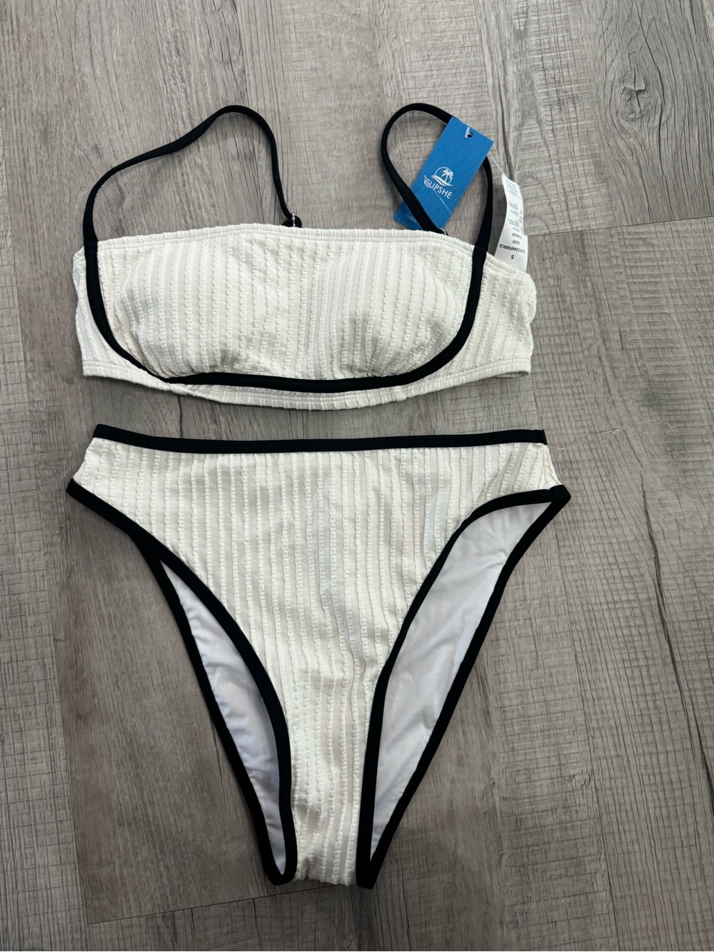 Cupshe White Ribbed Bikini with Black Trim